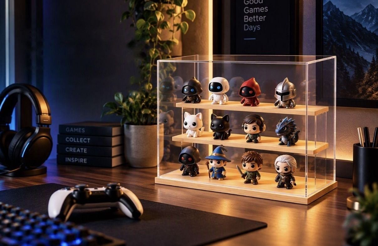 Display case with figures on a desk